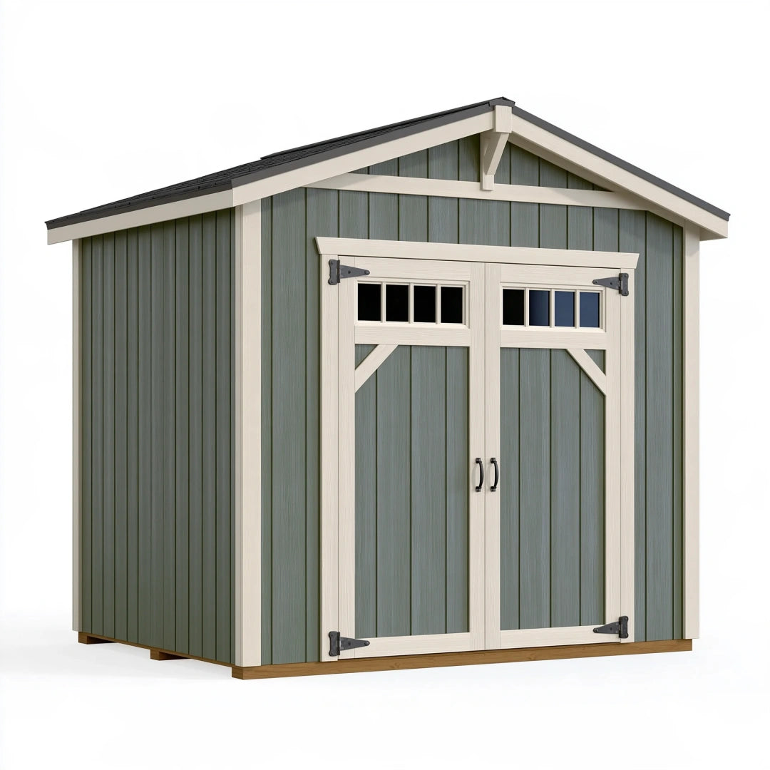 Abri de jardin 240 x 180 x 230 cm en bois vert sauge et blanc à double porte style chalet
