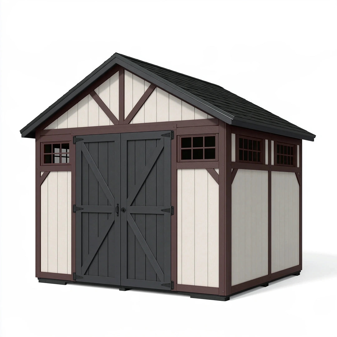 Abri de jardin 240 x 180 x 220 cm en résine beige et brun avec portes doubles style chalet