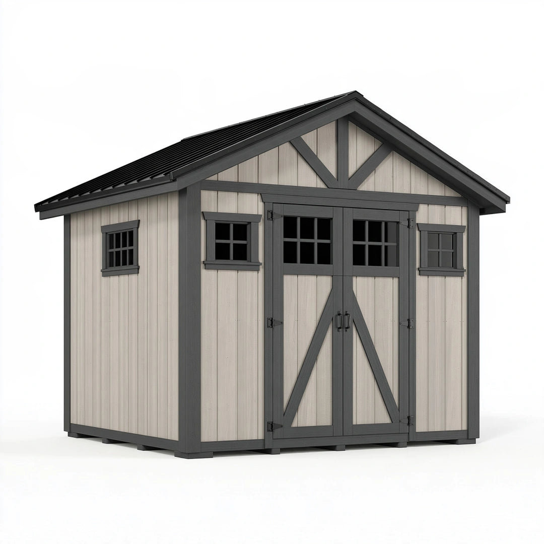 Abri de jardin 220 x 180 x 220 cm en résine gris clair et anthracite à double porte style chalet