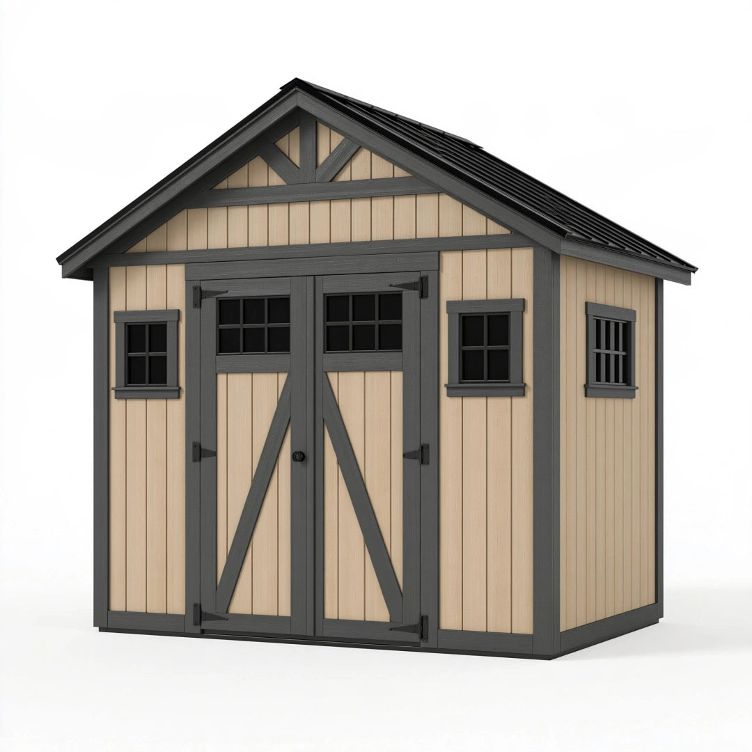 Abri de jardin 244 x 183 x 220 cm en bois beige et anthracite avec double porte