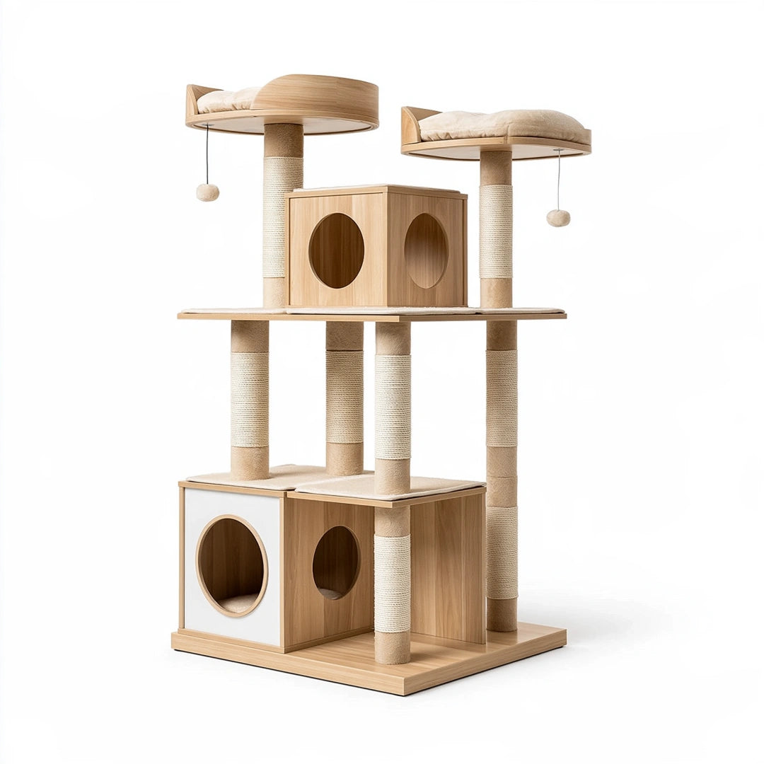 Arbre à chat 60 x 60 x 150 cm en bois beige avec griffoirs et niches