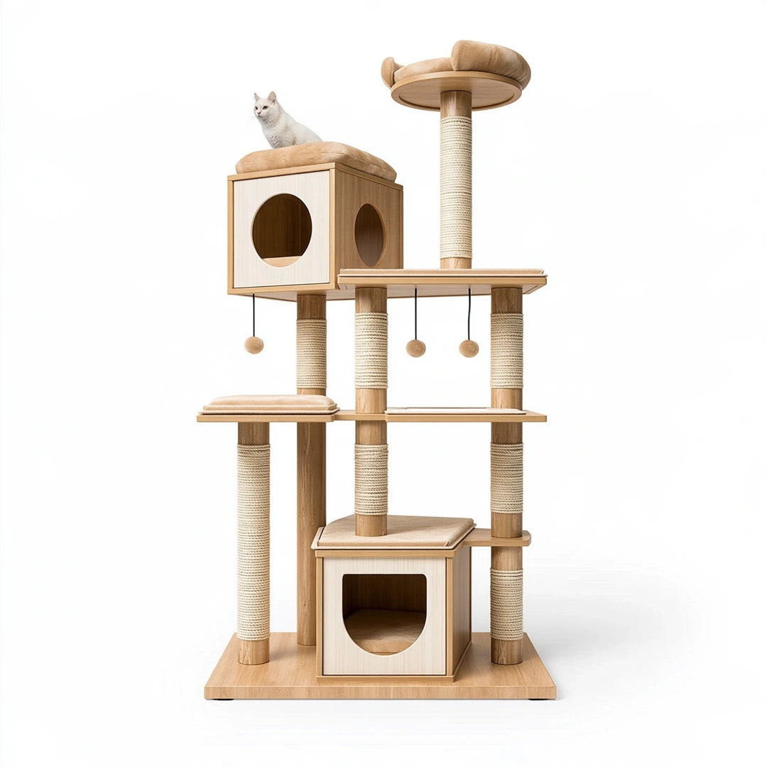 Arbre à chat 80 x 60 x 180 cm en bois beige avec poteaux en sisal et niches de repos