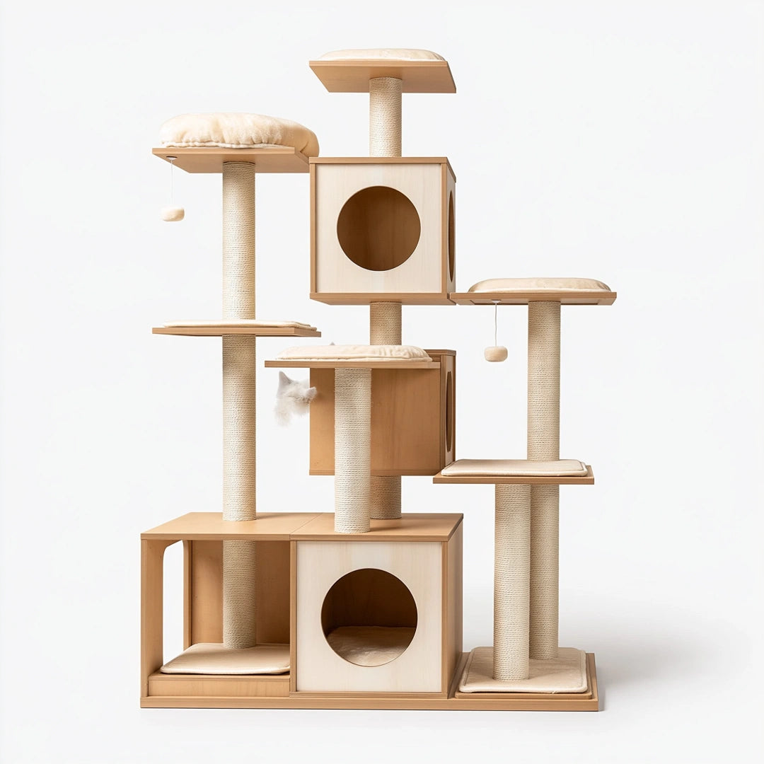 Arbre à chat 120 x 60 x 180 cm en bois beige avec poteaux en sisal et niches