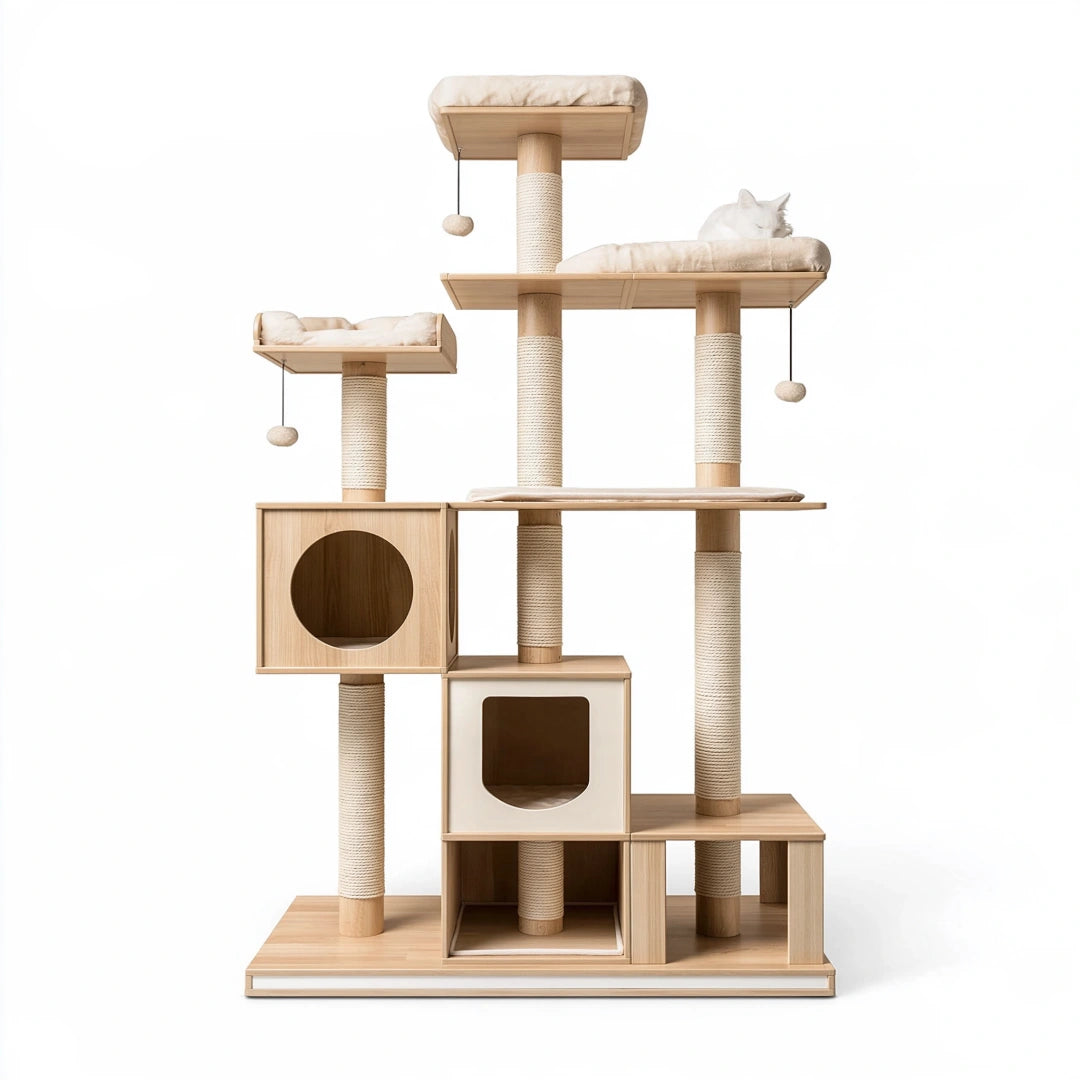 Arbre à chat 120 x 60 x 180 cm en bois beige avec griffoirs et niches
