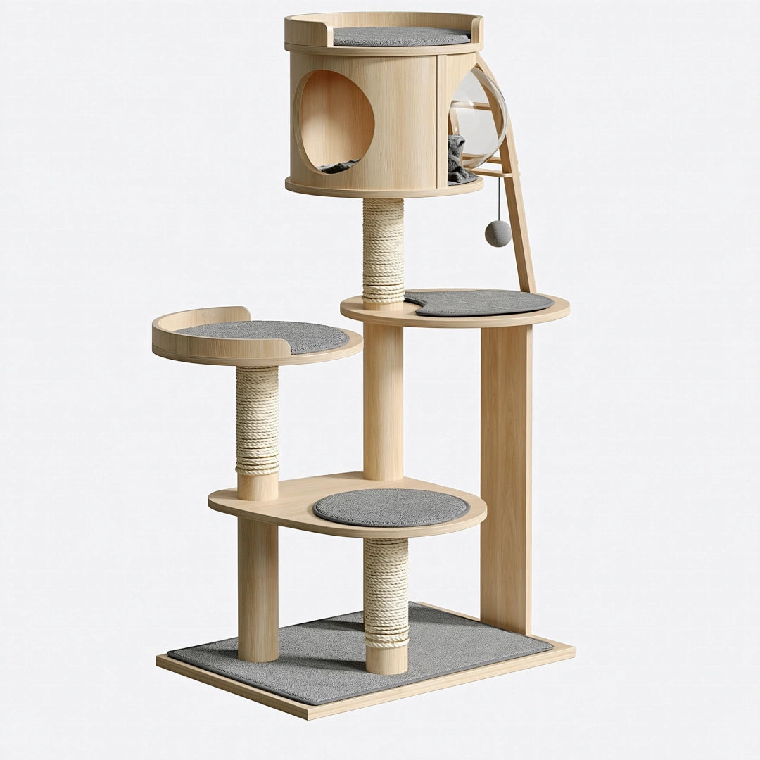 Arbre à chat 60 x 50 x 140 cm en panneaux bois beige et gris avec plateformes griffoirs et niche