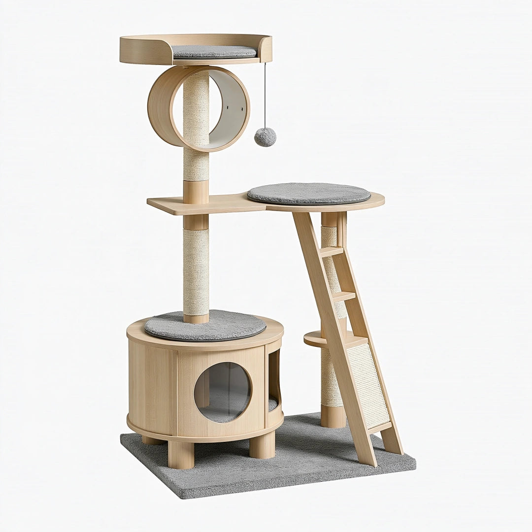 Arbre à chat 80 x 55 x 170 cm en bois beige et gris avec griffoirs et niches