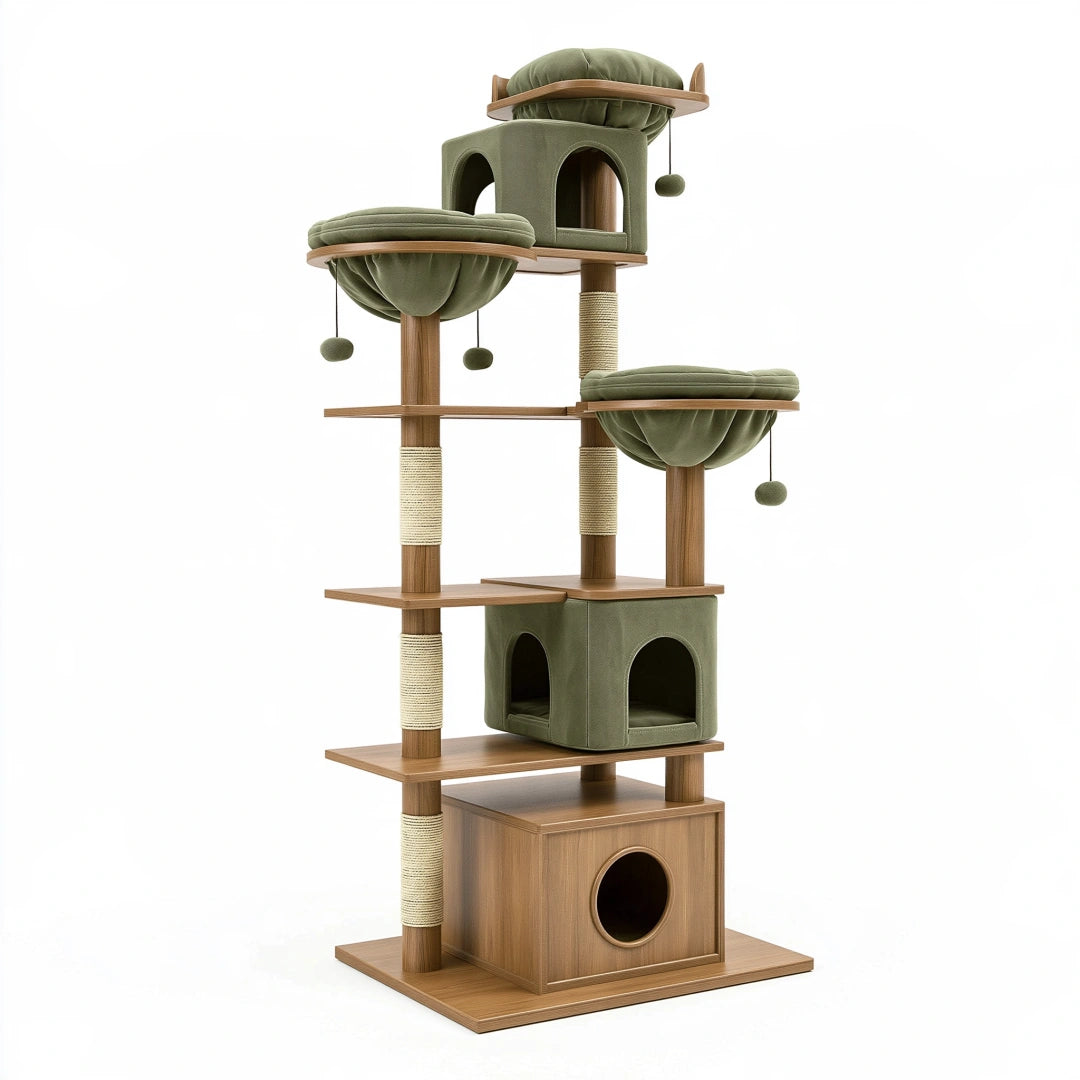 Arbre à chat 60 x 60 x 180 cm en bois et tissu vert avec griffoirs niches et plateformes