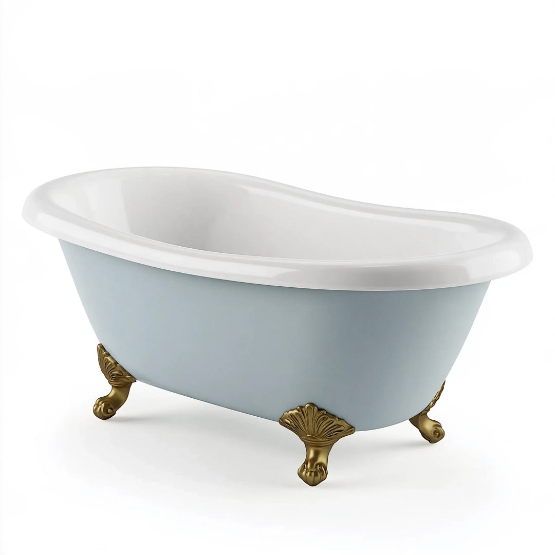 Baignoire îlot 170 cm acrylique bleu clair et blanc avec pieds dorés style classique