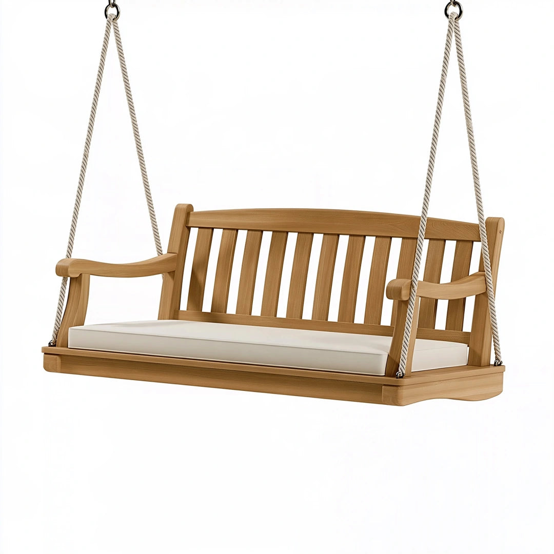 Balancelle de jardin 150 cm en bois marron avec assise beige suspendue