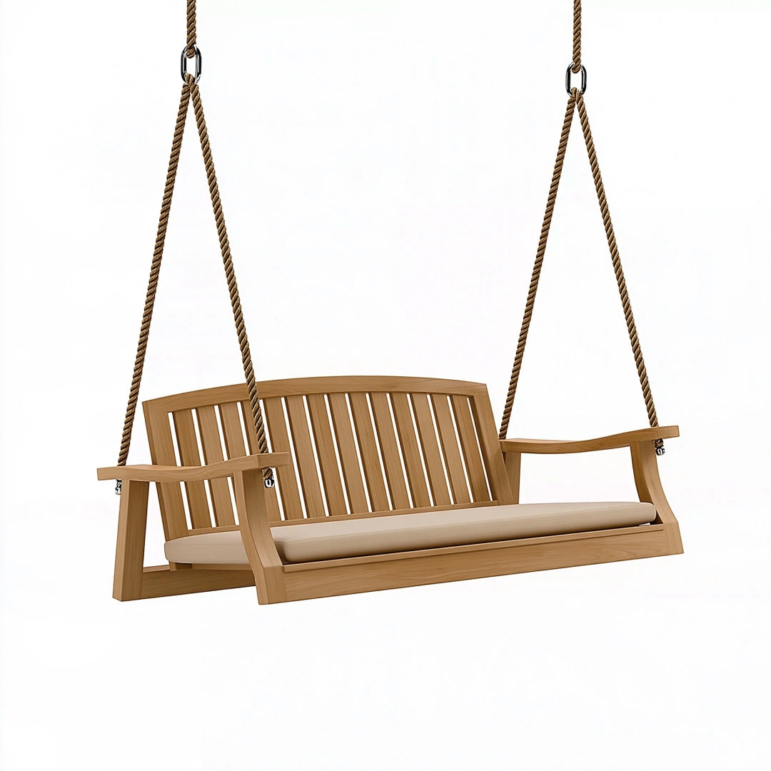 Balancelle de jardin 2 places 150 cm en bois brun avec assise beige suspendue