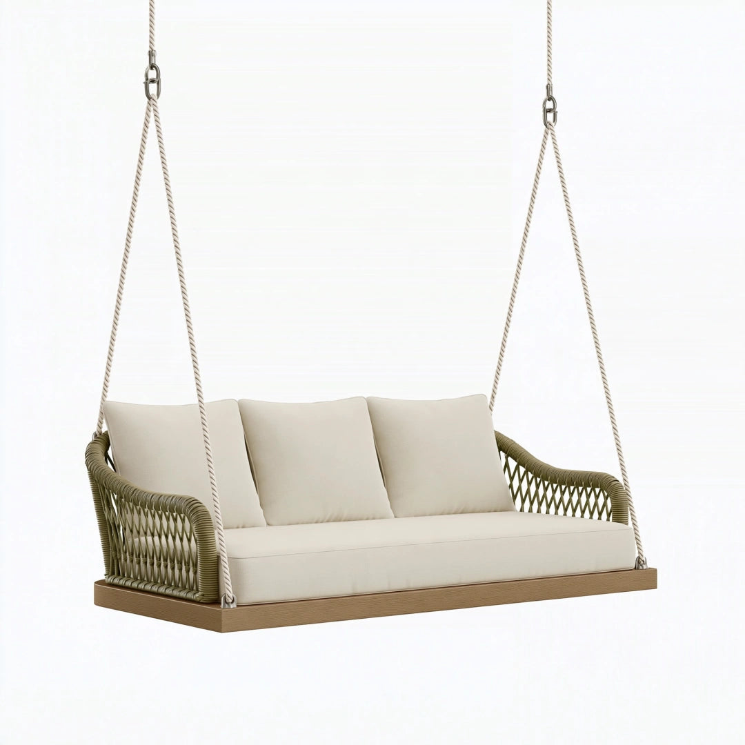 Balancelle suspendue 2 places 150 cm en bois et corde beige vert olive style contemporain