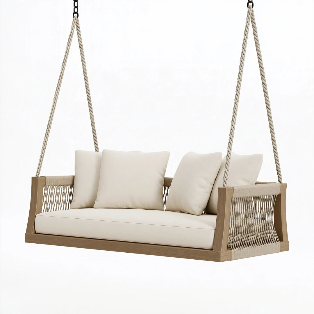 Balancelle suspendue 130 x 70 x 60 cm en bois beige avec cordages style naturel pour extérieur couvert