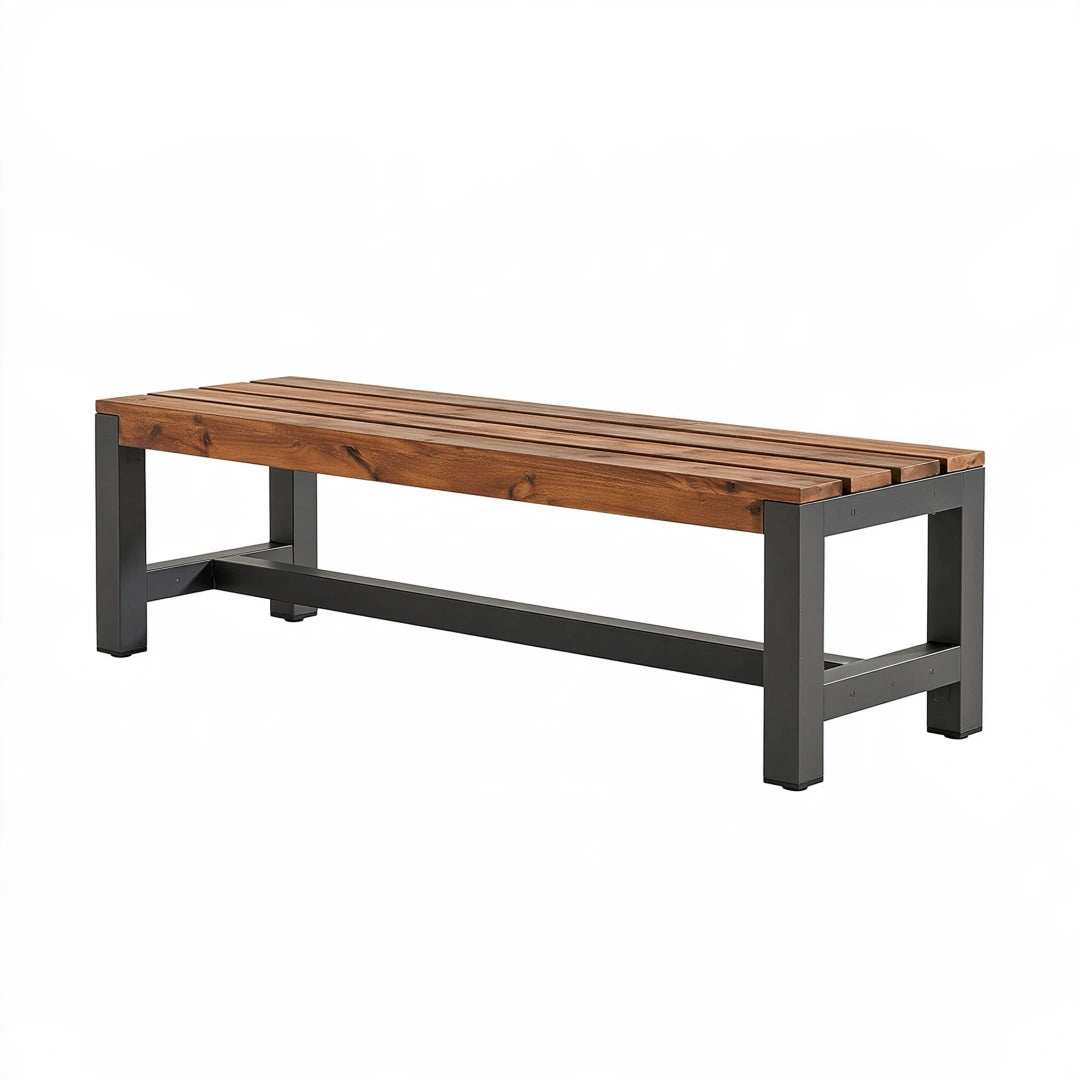 Banc de jardin 180 cm en bois marron et métal noir style industriel