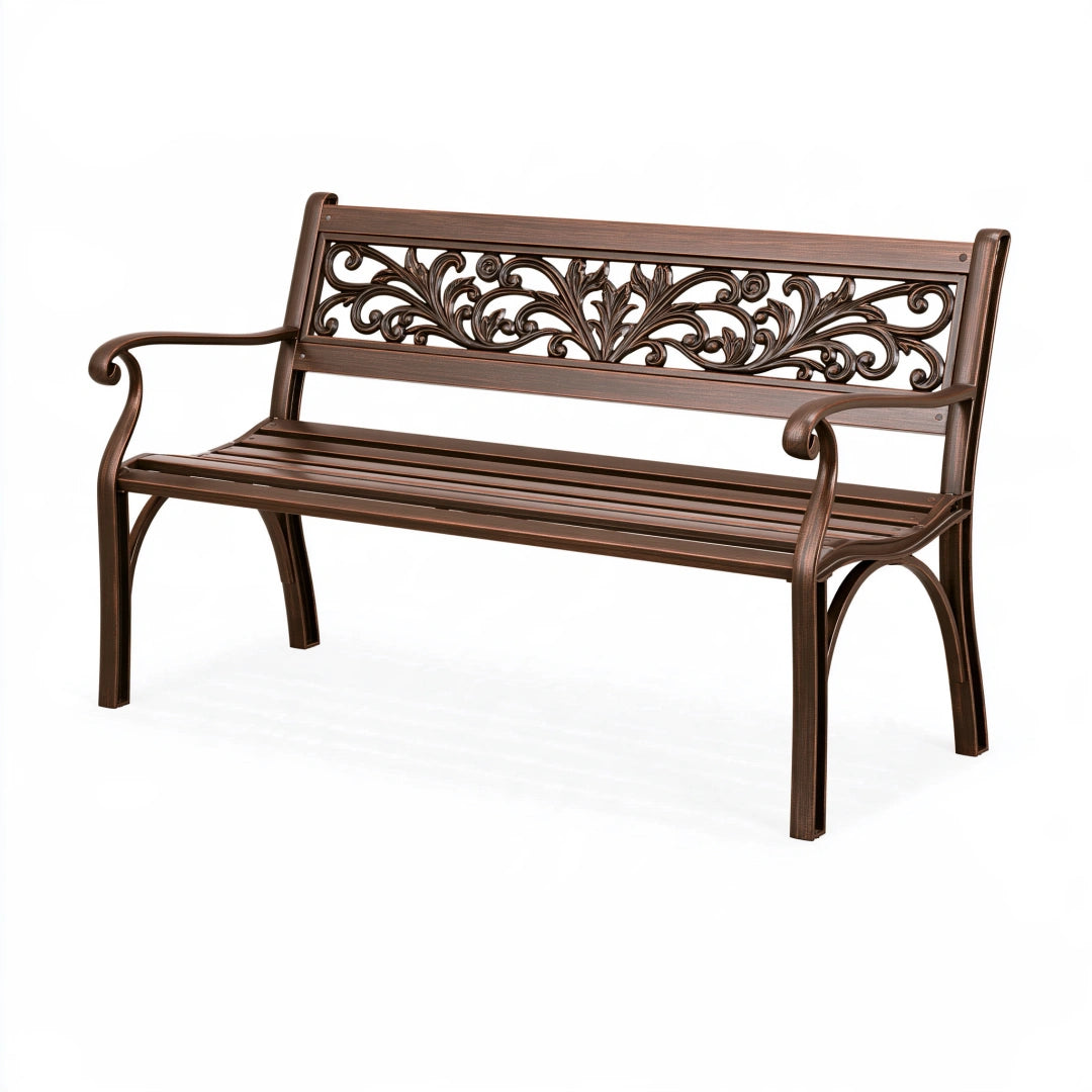 Banc de jardin 122 x 62 x 88 cm en métal brun avec accoudoirs style classique