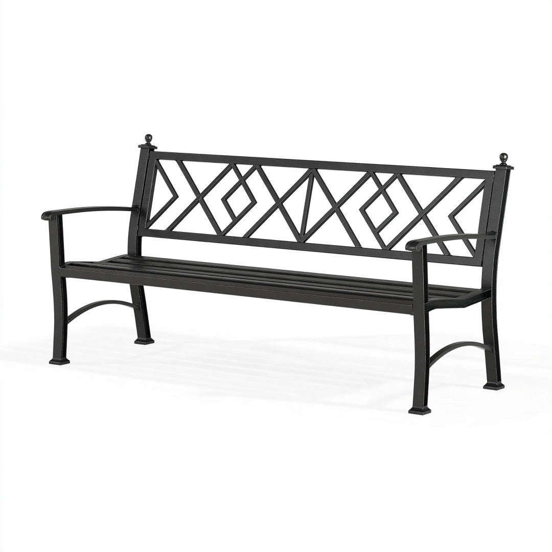 Banc de jardin 150 x 60 x 90 cm en métal noir à dossier géométrique