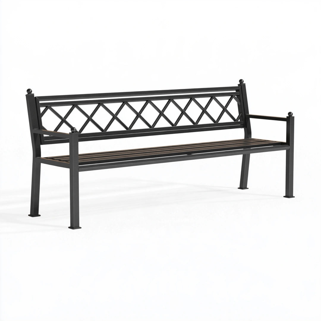 Banc de jardin 150 x 60 x 90 cm en acier noir style classique à dossier ajouré