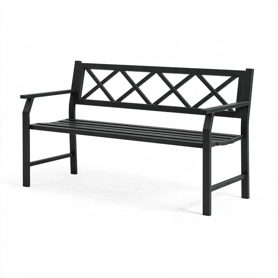 Banc de jardin 120 x 60 x 85 cm en métal noir à motif croisé